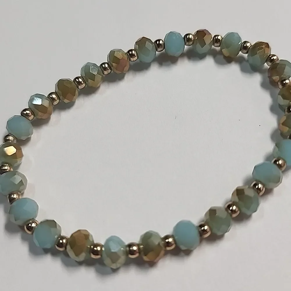 Elegant Gold and Blue Beaded Stretch Bracelet Size 6